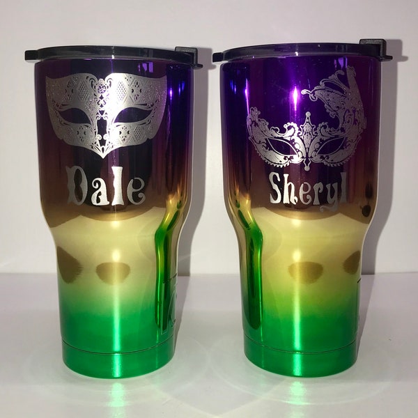 Laser engraved, Mardi Gras his or hers mask stainless steel tumblers.  20oz multi color
