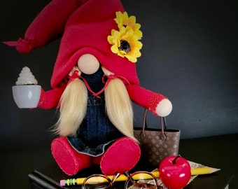 Teacher Gnome on a Book with Red Hat, Shoes and Top, Blue Denim Dress, Sunflowers, Coffee, Tote Bag, Apple, Pencil, Glasses