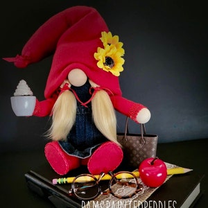 Teacher Gnome on a Book with Red Hat, Shoes and Top, Blue Denim Dress, Sunflowers, Coffee, Tote Bag, Apple, Pencil, Glasses
