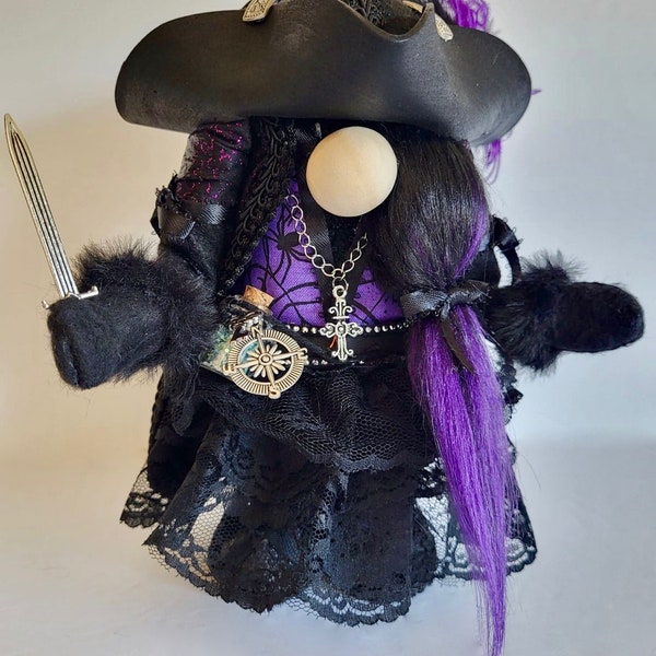 RESERVED FOR TARA - Halloween Female Steampunk Pirate with Black Hat and Dress, Purple Feathers, Vest and Hair, Silver Charms