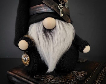 Steampunk Gnome on a Book, Black Hat, Shoes, Body, Gray Beard, Charm, Gears