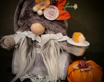 Thanksgiving Fall 7" Girl Gnome Gray Minky Hat, Light Gray Body, Shoes and Arms, Gray Frost Ponytails, Orange Pumpkin