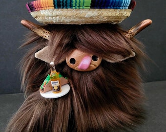 Taco Tuesday Cinco de Mayo Cow/Bull Gnome with Dark Brown Fur, Tan Snout, Taco and Faux Corona, Sombrero, Horns