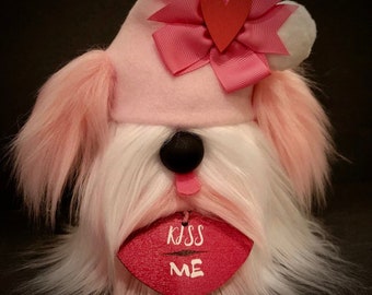 White and Pink Valentines Puppy Gnome with Pink Beanie, Bow and Heart, Black Nose and Pink Tongue