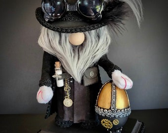 RESERVED FOR SHARI - Steampunk Easter Bunny with Black Top Hat, Gray Beard, Black Coat and Kilt, Egg and Goggles, Apothecary Jar