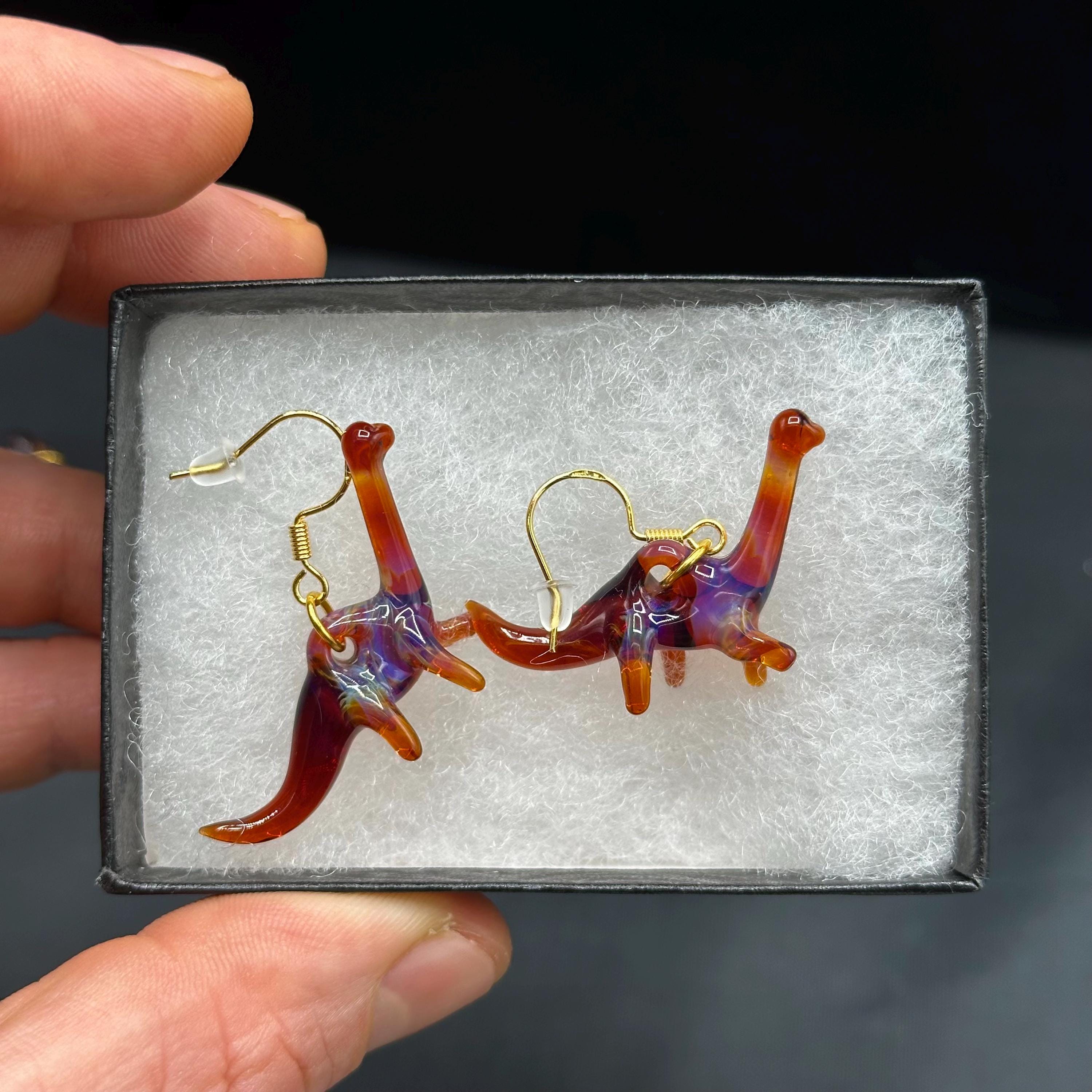 Glass Dinosaur Earrings! | Cosmic Handmade Dinosaur Earrings | Silver filled 18k Gold Plated Hypoallergenic | Handmade in USA