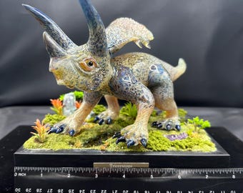 Handblown Glass Triceratops Sculpture with Diorama Base
