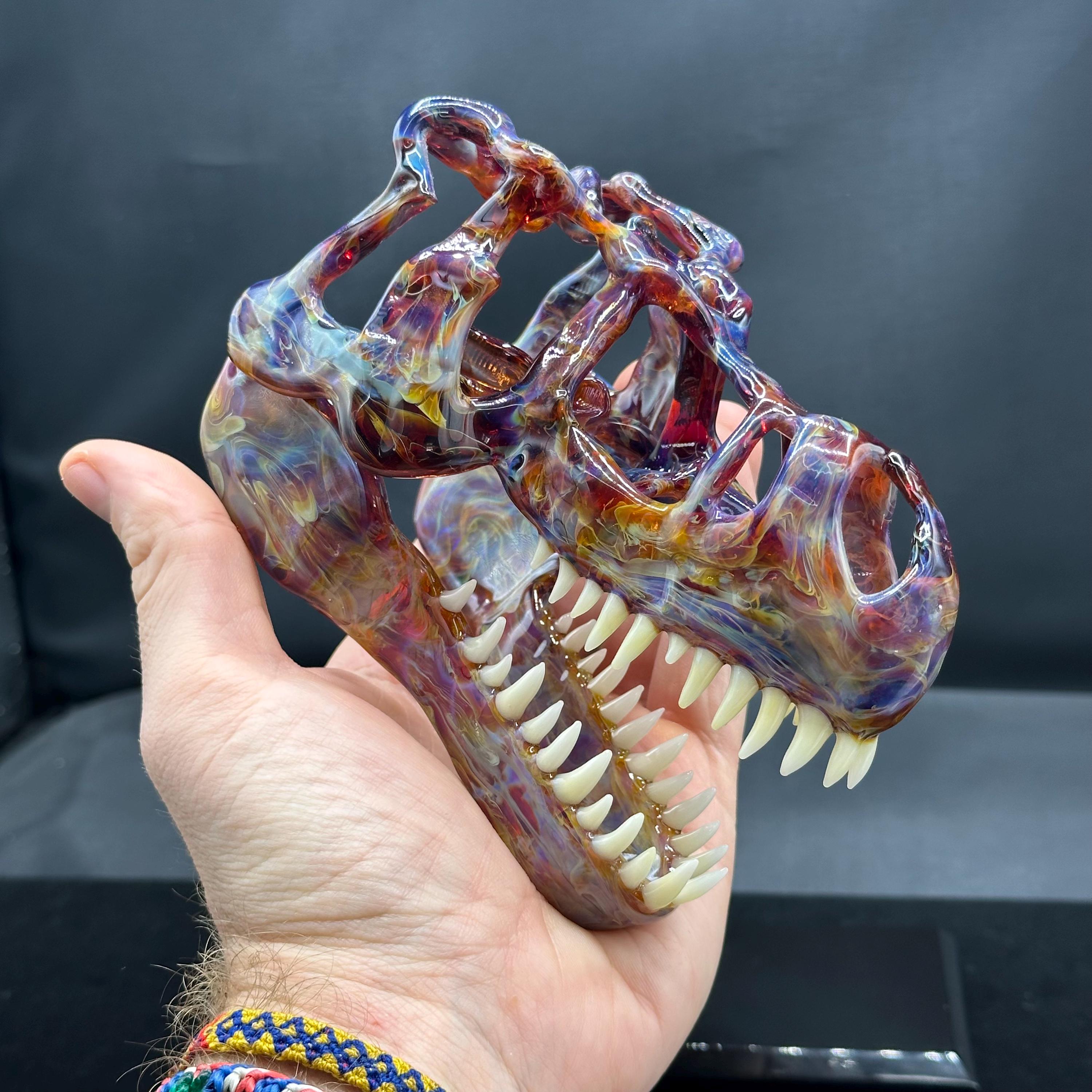 手作りのガラス製Tレックスの頭蓋骨、大型 – 恐竜の頭蓋骨の彫刻、T