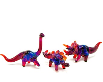 Glass Dinosaur Set of Three! | Cosmic Herbivore Collection | Handmade Glass Brontosaurus, Stegosaurus, and Triceratops! | Handmade in USA