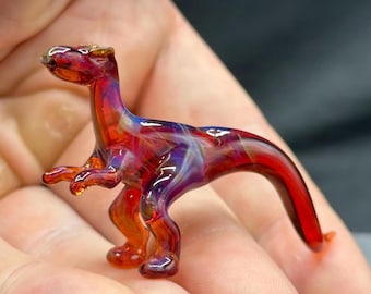 Handmade Glass Velociraptor Figurine | Cosmic Glass Miniature Dinosaur