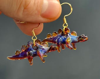 Handmade Glass Dinosaur Earrings – Stegosaurus, Brontosaurus, T-Rex & Triceratops Earrings
