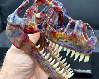 Glass T-Rex Skull | Hand Sculpted 6” Cosmic Glass T-Rex Dinosaur Skull Sculpture | Detailed Accurate Glass T Rex Skull