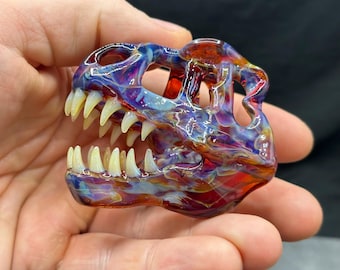 Handmade Glass T-Rex Skull, Miniature – Dinosaur Sculpture – Realistic Tyrannosaurus Rex Dinosaur Collectible, Paleontology Gift