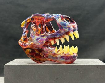 Hand Sculpted Cosmic Glass T-Rex Skull: Miniature Dinosaur Sculpture