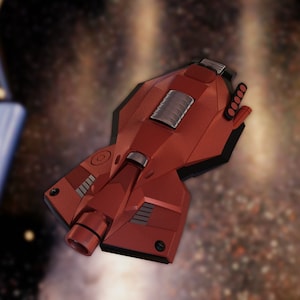 Puede incluir: Una nave espacial roja y negra con una nariz puntiaguda y una serie de pequeñas toberas de escape redondas en la parte posterior.