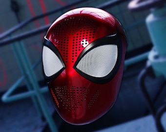 May include: A red and black Spider-Man mask with a mesh eye design. The mask has a textured surface and a glossy finish.