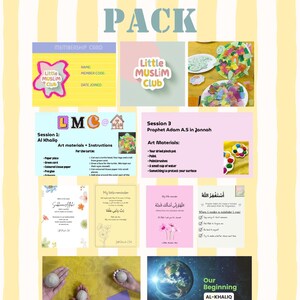 May include: A physical pack of educational materials for the Little Muslim Club, featuring a membership card, art project instructions for a turtle, session guides for Prophet Adam, prayer reminder cards, and a space-themed graphic titled Our Beginning.