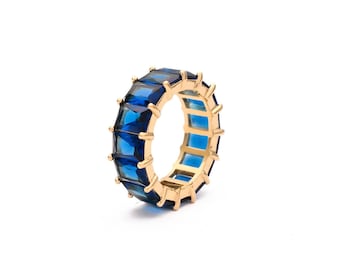 10.00 TCW Created Blue Sapphire Emerald Cut Eternity Ring 925 Sterling Silver 7mm Band
