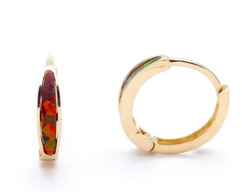 Real 14K Yellow / White Gold Fire Opal Earrings Hoop Huggies