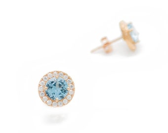 1.50CT Halo Created Blue Aquamarine Diamond Stud Round Earrings 14k Yellow / White Gold