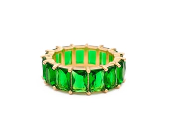 10.00CT T.W Created Green Emerald Emerald Cut Eternity Ring 925 Sterling Silver 7mm Band