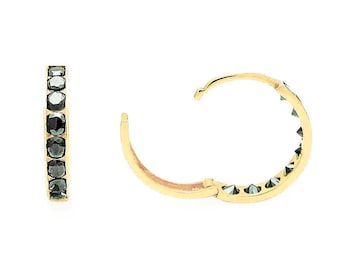 0.24TCW Round Black Created Diamond Huggie Earrings 14K Solid Yellow Gold Hoops