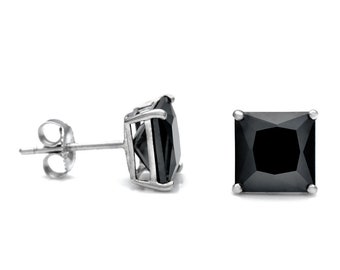 8mm Princess Black Created Diamond Square Stud Earrings 925 Sterling SIlver 6.00ct