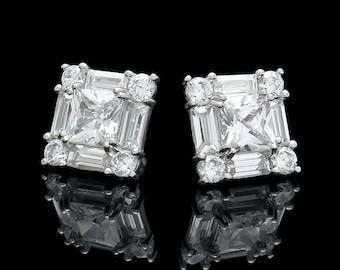 1CT Princess Baguette Round Created Diamond Cluster Stud Earrings 14K White Gold