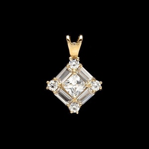 1CT Princess Baguette Round Cut Cluster Square Pendant 14K Yellow Gold Charm