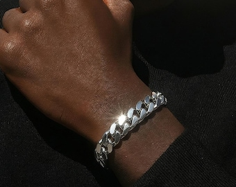 Miami Cuban Curb Link Bracelet 6, 8mm, 9mm, 12mm Box Chain Solid Sterling Silver 925 Rhodium plating, for Men / Women