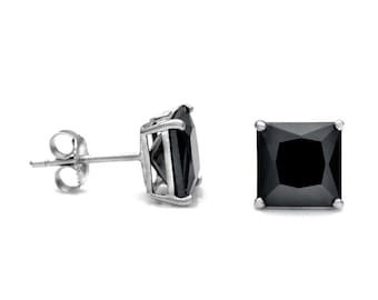 7mm Princess Black Created Diamond Square Stud Earrings 925 Sterling SIlver 4.00ct