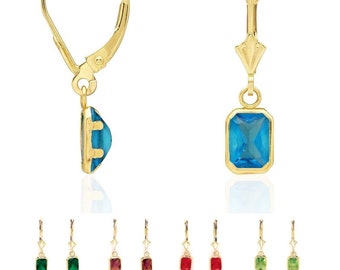 14K Yellow Gold Emerald-Cut Gemstone Bezel Leverback Birthstone Dangle Earrings