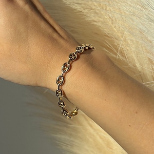 Gold Mariner Link Chain Bracelet Puffed Anchor 14K Yellow Gold plated Silver 925 ALL SIZES, gift for her, gift for him