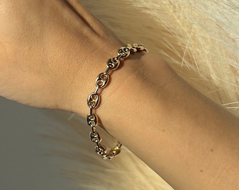 Gold Mariner Link Chain Bracelet Puffed Anchor Rhodium plated Silver 925 ALL SIZES, gift for her, gift for him