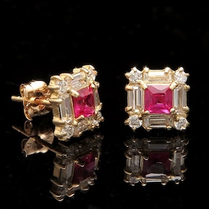 1CT Princess Ruby Baguette Round Diamond Earrings Square Stud 14K Yellow Gold or White Gold