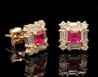 1CT Princess Ruby Baguette Round Diamond Earrings Square Stud 14K Yellow Gold or White Gold