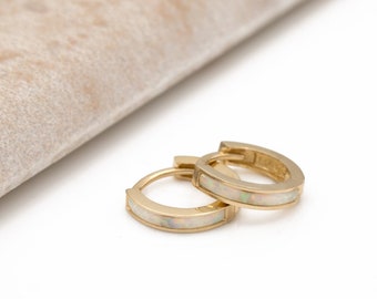 Real 14K Yellow / White Gold White Opal Earrings Hoop Huggies