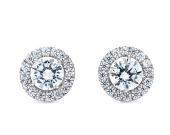 925 Sterling Silver Halo 1.50ct Round-Cut Created Diamond Gemstone Stud Earrings, Push back
