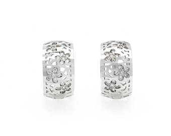 0.20TCW Created Diamond Earrings 14K Solid White Gold Flower Cluster Huggies