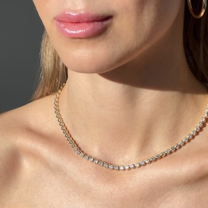 Tennis Necklace 3mm / 4mm 12.98 / 22.25 TCW Bezel Round Created Diamond 925 Solid Sterling Silver / Gold Tone Chain