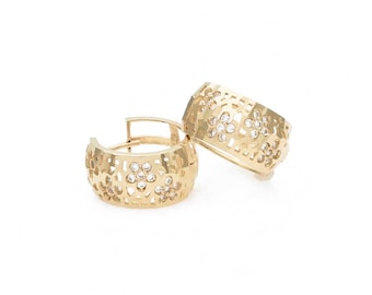 0.20TCW Created Diamond Earrings 14K Solid Yellow Gold Flower Cluster Huggies