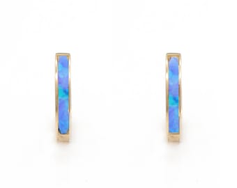 Real 14K Yellow / White Gold Blue Opal Earrings Hoop Huggies