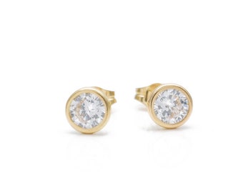0.06-2.56 ct. T.W. Created Diamond Round Bezel Studs Earrings 14K Real Yellow / White Gold with backs 14k GF