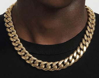 14k Gold Plated Miami Cuban Box Chain Necklace, Solid Sterling Silver 925 Curb Link, 6mm, 8mm, 9mm, 12mm, 15mm