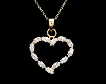 1CT Marquise Created Diamond Open Heart Pendant 14K Solid Yellow Gold Charm
