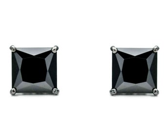 8mm Princess Black Created Diamond Square Stud Earrings 925 Sterling SIlver 6.00ct