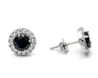 2.00tcw Halo Created Black & Clear Diamond Round Earrings 925 Sterling Silver