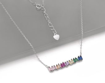 0.75ct Fireworks Multi-Color Baguette Created Gemstone 925 Sterling Silver Bar Necklace 16" - 18" Pendant with Chain Silver Tone