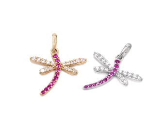 0.40CT Created Diamond & Ruby Dragonfly Pendant Solid 14k Yellow Gold Charm