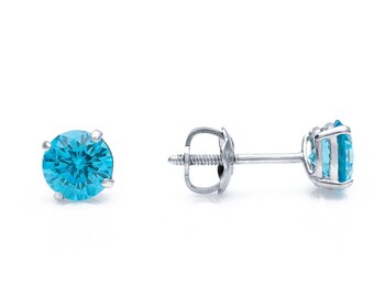 14K White Gold Solitaire Created Gemstones Earrings Round Screwback Studs 0.05ct-8ct